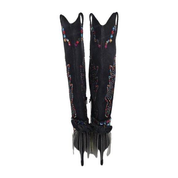 Gianni Bini Women's Boots Size 7 Kaitlin Rhinestone Fringe Denim Cowboy Black - Picture 3 of 14
